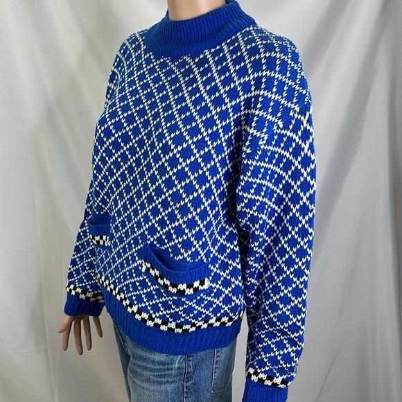 Vintage Knit Quirky Fun Print Pullover Sweater 2 Pocket Front SZ M 60’s 70's - Picture 1 of 16